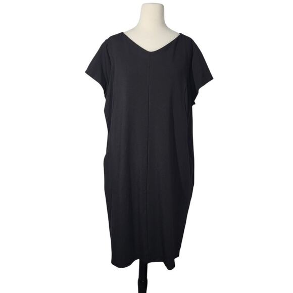 Susan Graver Women’s 2X Black Ponte Knit Cap Sleeve Midi Dress LBD Slimming Work - Picture 3 of 14